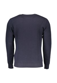 Maglione in maglia blu navy con motivo strutturato, maniche lunghe, scollo rotondo e polsini e orlo a costine. Design semplice e funzionale.