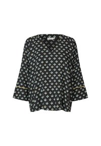 Zwarte blouse met een V-hals, driekwart wijd uitlopende mouwen en een geometrisch patroon in lichtblauw en goud. Zacht materiaal met een comfortabele pasvorm.