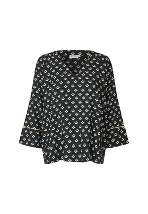 Czarna bluzka z dekoltem w serek, rękawami 3/4 w kształcie dzwonka oraz geometrycznym wzorem w jasnoniebieskim i złotym kolorze. Miękki materiał o luźnym kroju.