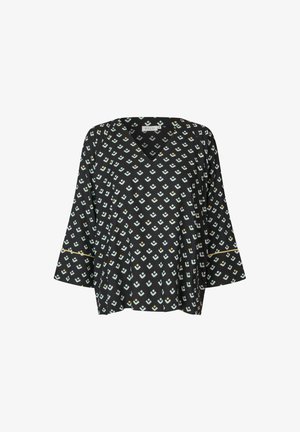 Schwarze Bluse mit V-Ausschnitt, 3/4 Glockenärmeln und einem geometrischen Muster in Hellblau und Gold. Weicher Stoff mit lockerem Sitz.