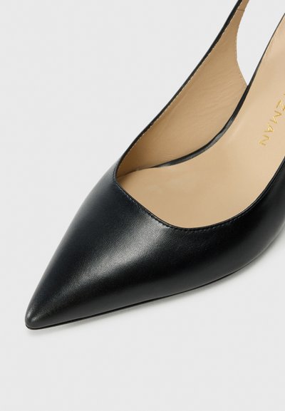 Black leather pointed-toe pump with a sleek design, a low cut around the sides, and a smooth interior. Lightweight and minimalistic style.