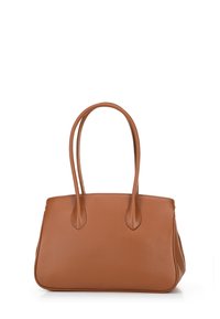 Sac fourre-tout en cuir brun texturé, avec deux poignées arrondies et une forme rectangulaire structurée, présentant des coutures délicates le long des bords.