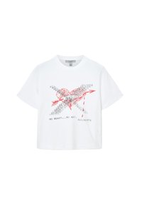 Λευκό βαμβακερό μπλουζάκι με σχέδιο κόκκινης καρδιάς με βέλη και εκτυπωμένο μαύρο κείμενο, που περιλαμβάνει «NO HEART... NO ART. ALLSAINTS.»