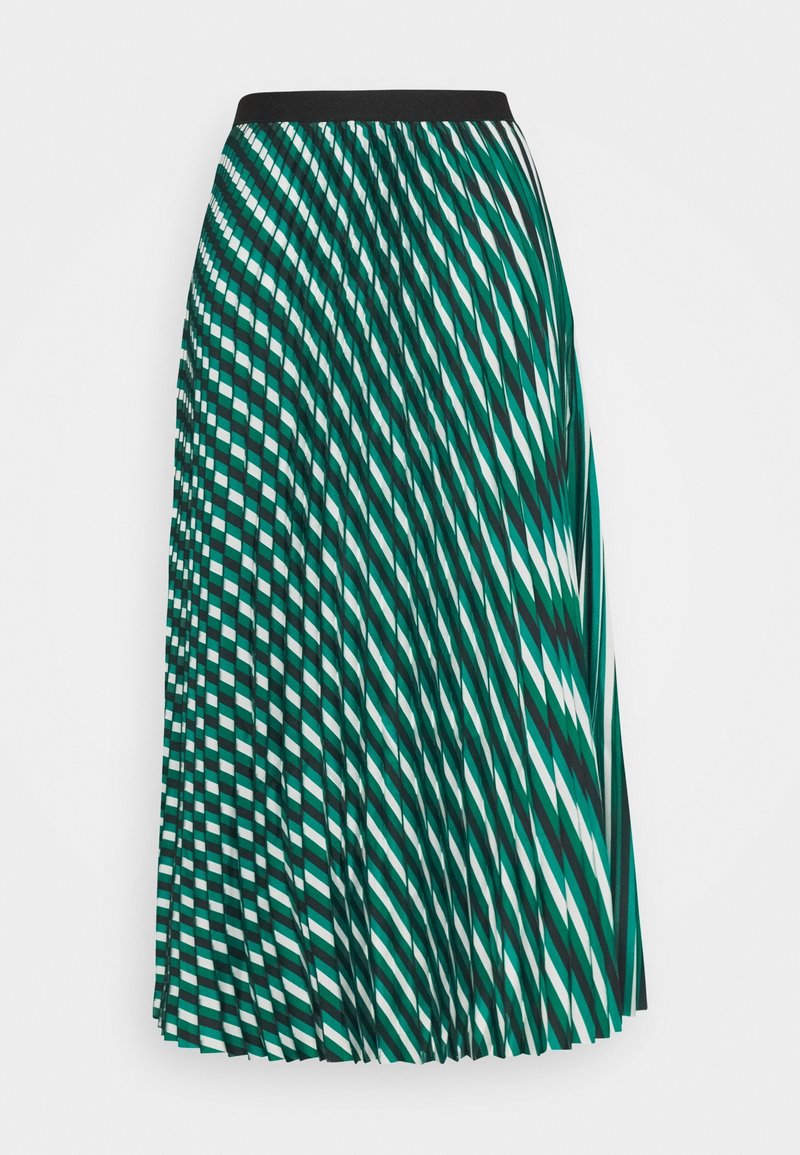 Jupe midi plissée verte, noire et blanche avec motif à carreaux diagonal et ceinture élastique noire sur fond blanc.