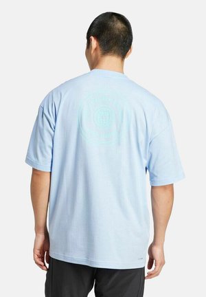 Lichtblauwe katoenen T-shirt met een ontspannen pasvorm. Heeft een cirkelvormige grafische print op de achterkant in een contrasterende munttint. Korte mouwen.