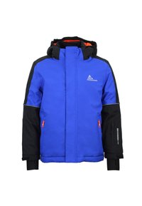Veste isolante bleue et noire avec une capuche, dotée d'accents orange, de zips à l'avant et de poignets élastiques. Logo sur la poitrine et capuche ajustable.