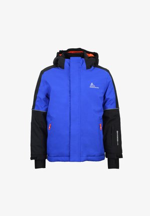 Chaqueta aislante azul y negra con capucha, con detalles en color naranja, cremalleras frontales y puños elásticos. Logo en el pecho y capucha ajustable.