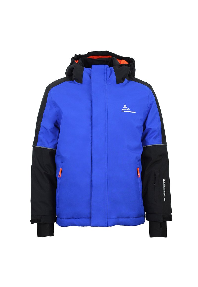 Veste isolante bleue et noire avec une capuche, dotée d'accents orange, de zips à l'avant et de poignets élastiques. Logo sur la poitrine et capuche ajustable.