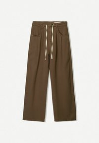 Brune wide-leg bukser lavet af tekstureret stof, med en justerbar talje og frontlommer, samt lynlås og knaplukning.