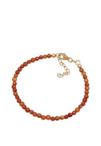 Perlenarmband aus verschiedenen Orangetönen und roten Steinen, mit einem goldfarbenen Verschluss und einer verstellbaren Kette zur Anpassung der Passform.