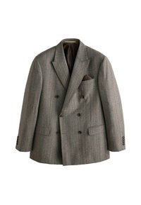Dwurzędowa marynarka z szarej wełny w jodełkę, z klapami, kieszenią na piersi oraz dwiema przednimi kieszeniami z detalami w postaci guzików.