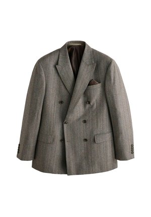 Double-breasted jacket in gray herringbone wool, featuring a notched lapel, chest pocket, and two front pockets with button details.