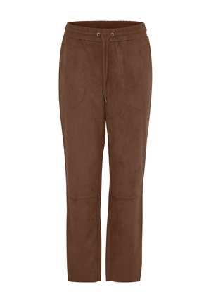 Bruine sweatpants van suède-stijl met een elastische tailleband, verstelbaar trekkoord en zijzakken; rechte pijpen met een gladde textuur.