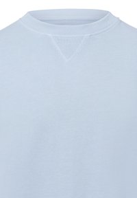Hellblauer Sweatshirt mit Rundhalsausschnitt, geripptem Kragen und Rautenmuster-Applikationen am Ausschnitt. Glatte Stoffstruktur, lässiges Design.