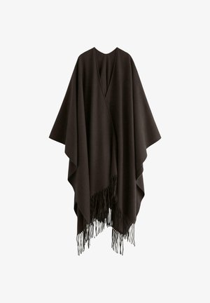 Donkerbruin poncho van zachte stof, met een V-hals, vloeiende ontwerp en lange franjes langs de zoom.
