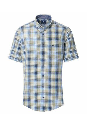 Kurzarm-Hemd mit Knopfleiste im karierten Muster aus Grün, Blau und Gelb. Verfügt über einen Kragen, einen abgerundeten Saum und ein kleines Logo auf der Brust.