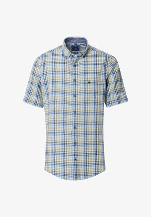 Kurzarm-Hemd mit Knopfleiste im karierten Muster aus Grün, Blau und Gelb. Verfügt über einen Kragen, einen abgerundeten Saum und ein kleines Logo auf der Brust.