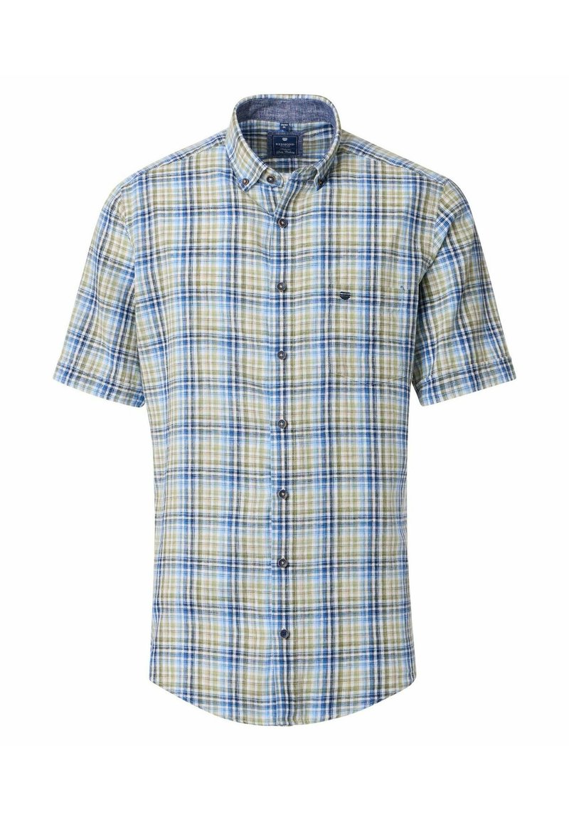 Korte mouwen knoopshirt in een groene, blauwe en gele geruite patroon. Voorzien van een kraag, afgeronde zoom en een klein logo op de borst.