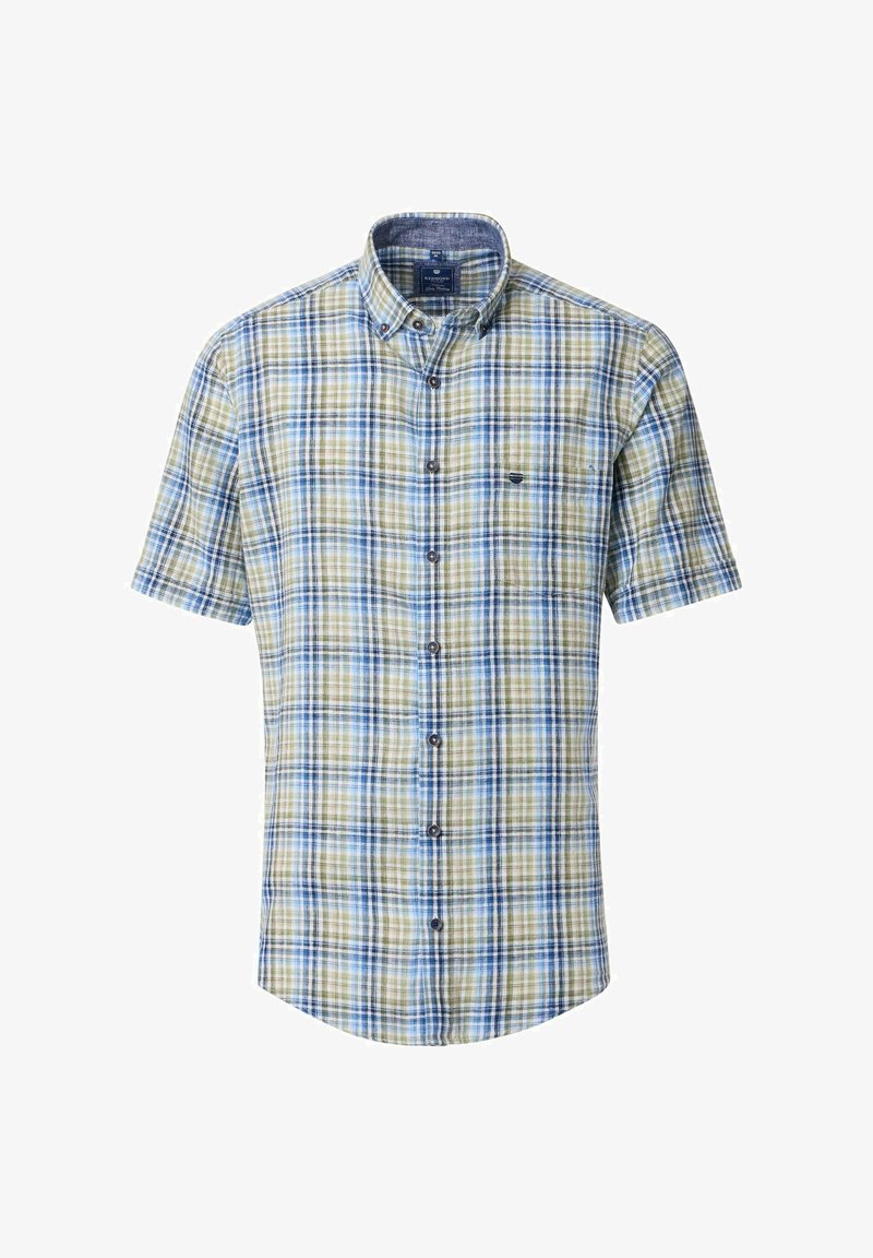 Korte mouwen knoopshirt in een groene, blauwe en gele geruite patroon. Voorzien van een kraag, afgeronde zoom en een klein logo op de borst.