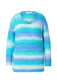Maglione a V in maglia con sfumature di blu e turchese, featuring motivi a cuore e una vestibilità comoda con maniche lunghe e polsini a costine.