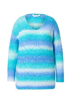 Svetr s V výstřihem z pleteniny v odstínech modré a tyrkysové, s motivy srdcí a volným střihem, dlouhými rukávy a žebrovanými manžetami.