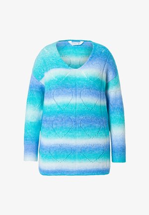 V-hals strikket sweater i gradient blå og turkis, med hjerte mønstre og en afslappet pasform med lange ærmer og ribbede manchetter.