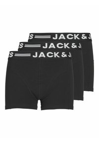 Tri par crnih pamučnih bokserica s kontrastnim bijelim elastičnim pojasom na kojem piše "JACK & JONES."