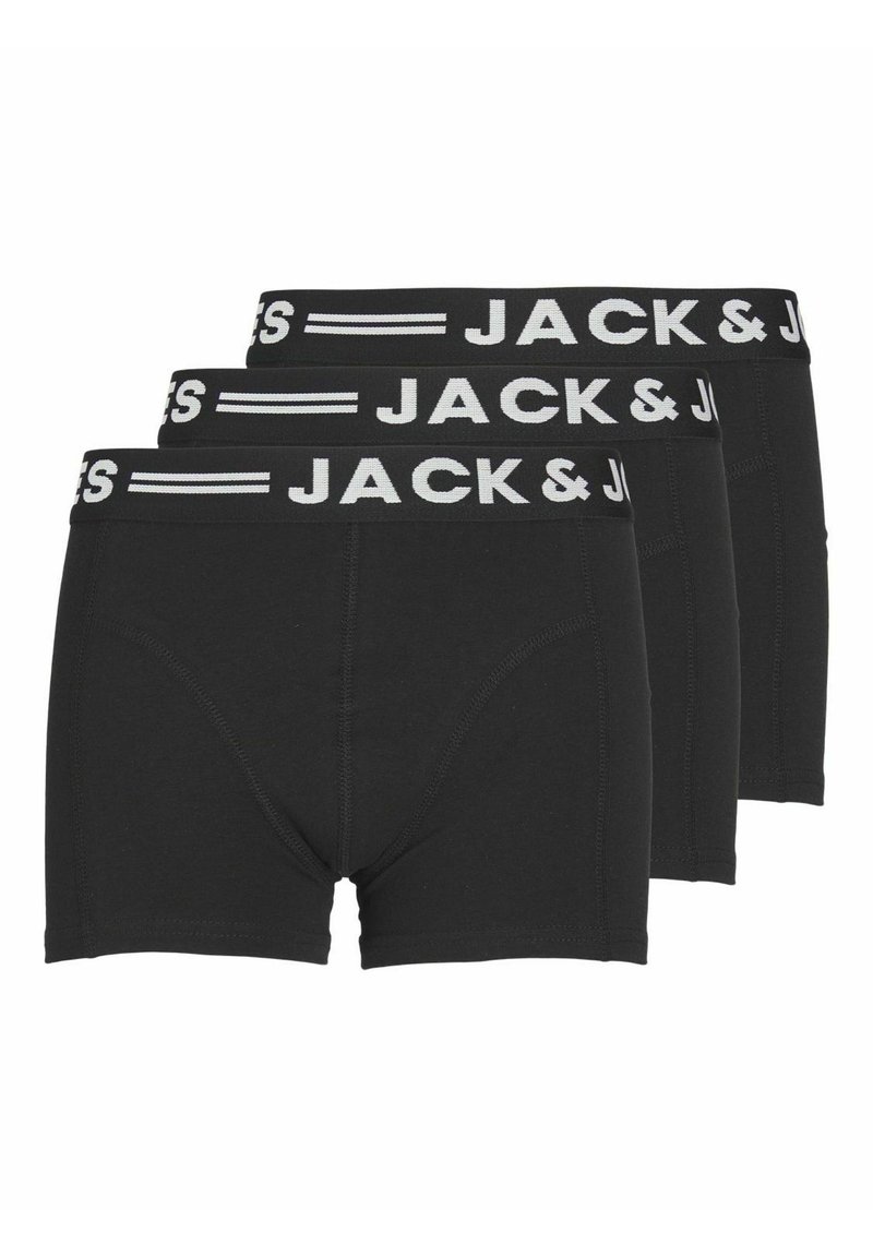 Tri par crnih pamučnih bokserica s kontrastnim bijelim elastičnim pojasom na kojem piše "JACK & JONES."