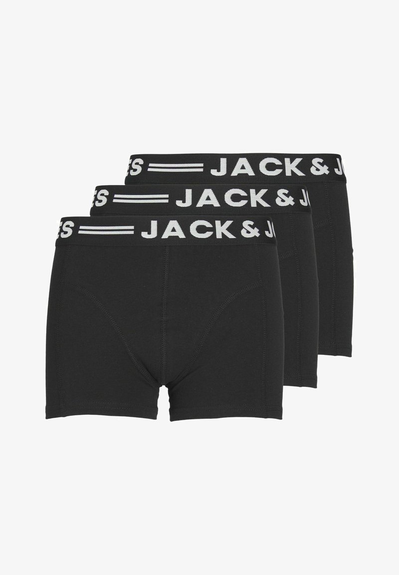 Három pár fekete pamut boxer alsónadrág kontrasztos fehér elasztikus derékpánttal, amelyen a "JACK & JONES" felirat található.