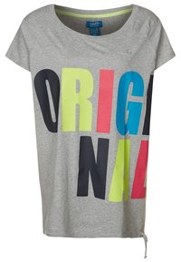 Grå bomullströja med stora, färgglada bokstäver "ORIGINAL" i svart, rosa och neongrön. Rund hals och korta ärmar med dragsko i nederkant.