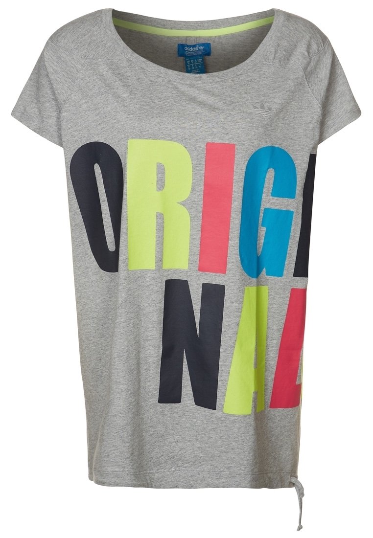 Grå bomullströja med stora, färgglada bokstäver "ORIGINAL" i svart, rosa och neongrön. Rund hals och korta ärmar med dragsko i nederkant.