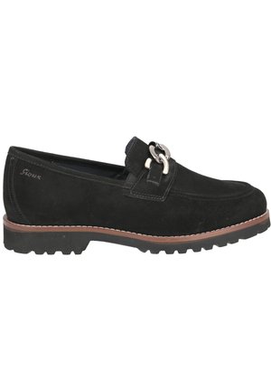 Black suede slipper with a rounded toe, leather detailing, silver-tone hardware, and a textured rubber sole. Stitched accent along the edge.