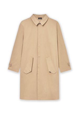 Beżowy płaszcz z kołnierzykiem, cztery widoczne guziki, dwie naszywane kieszenie oraz mankiety na guziki. Wykonany z gładkiego materiału, o prostym kroju.