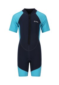Une combinaison de plongée à manches courtes avec un corps bleu marine et des accents bleu clair, une fermeture éclair avant et une coupe ajustée conçue pour les activités aquatiques.