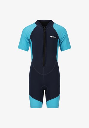 Kortærmet dykkerdragt med marineblå krop og lyseblå detaljer, en frontlynlås og en tætsiddende pasform designet til vandaktiviteter.