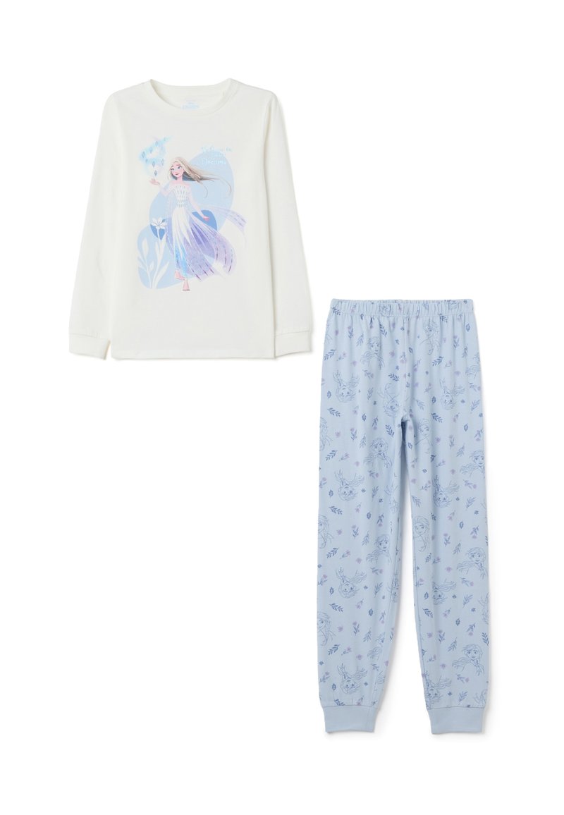 Conjunto de pijama de dos piezas para niños, con camiseta de manga larga blanca que presenta una ilustración de una princesa y pantalones de color azul claro con patrones de personajes y flores.