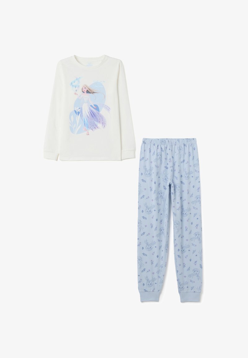 Conjunto de pijama de dos piezas para niños, con camiseta de manga larga blanca que presenta una ilustración de una princesa y pantalones de color azul claro con patrones de personajes y flores.