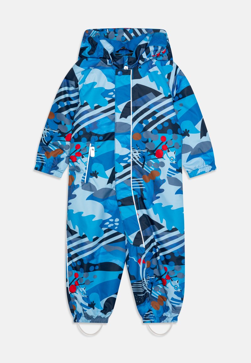 Μπλε αδιάβροχη φόρμα με μείγμα αφηρημένων σχεδίων και χρωμάτων, διαθέτοντας κουκούλα, μπροστινό φερμουάρ, ελαστικές μανσέτες και διακοσμητικές λεπτομέρειες.