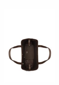 Brown leather tote bag with a rectangular shape, featuring a fabric interior and an additional zippered pocket inside.