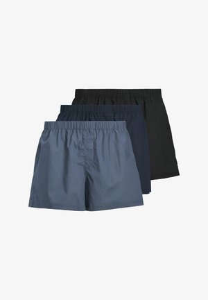 Three pairs of boxer shorts: light blue, dark blue, and black. They feature an elastic waistband and a soft, textured fabric.