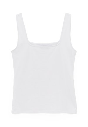 Witte mouwloze tanktop met brede banden en een vierkante halslijn, getoond op een effen witte achtergrond.