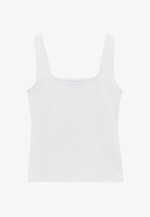 Witte mouwloze tanktop met brede banden en een vierkante halslijn, getoond op een effen witte achtergrond.