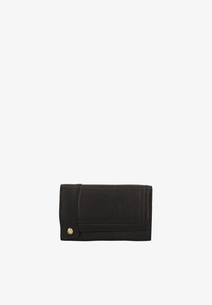 Black leather wallet with a textured surface, folded design, and a brass snap closure. Features visible stitching and a brand imprint.
