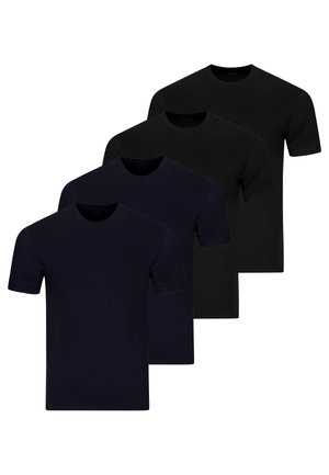 Vier einfache T-Shirts mit kurzen Ärmeln und Rundhalsausschnitt in Schwarz und Dunkelblau, angeordnet in einer kaskadenförmigen, überlappenden Darstellung.