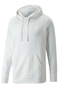 Sudadera Puma blanca con manchas, con bolsillo frontal tipo canguro, capucha con cordón y pequeño logo bordado en el pecho.