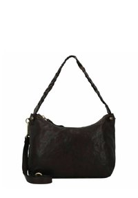 Dunkelbraune Lederhandtasche mit geflochtenem Griff und verstellbarem Schulterriemen. Es hat eine strukturierte Oberfläche und Messingakzente an den Seiten.