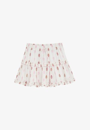 Weißer, gestufter Rock mit Rüschen, versehen mit einem rosa und braunen Pfeilmuster. Aus leichtem Stoff gefertigt, mit elastischem Taillenbund für zusätzlichen Komfort.