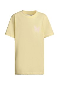 Gul bomull T-skjorte med kortermet og rund hals. Har et lite rosa sommerfugldesign på venstre brystområde.