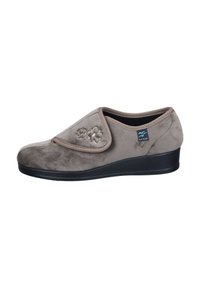 Gray suede slip-on shoe with a low black wedge sole, featuring floral embroidery on the upper and a padded collar for comfort.