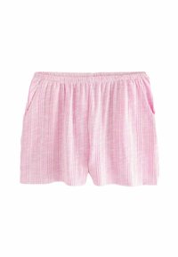 Shorts rayés roses en tissu léger, dotés d'une taille élastique et de poches latérales. Les rayures sont dans des nuances variées de rose.